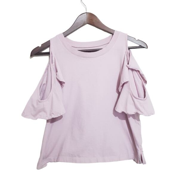 Free People We The Free 100% Cotton Pink Cold Shoulder Ruffle Crew Neck Top XS - Picture 1 of 5
